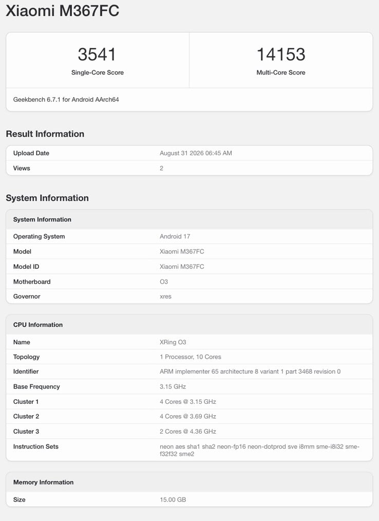 Запись в базе данных Geekbench, предположительно относящаяся к Xiaomi Pad 9 Pro Max.