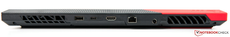 Задняя сторона: Вентиляционная решетка, 1x USB-A 3.0, USB-C 3.1 (DP, PD), HDMI 2.0b, Ethernet, разъем питания, вентиляционная решетка