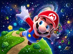 3D Марио летит на фоне Super Mario Galaxy- тематический фон