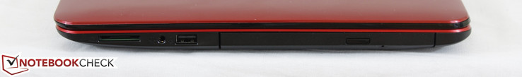 Справа: кардридер, 3.5-мм комбинированный аудио разъем, USB 2.0, DVD-привод
