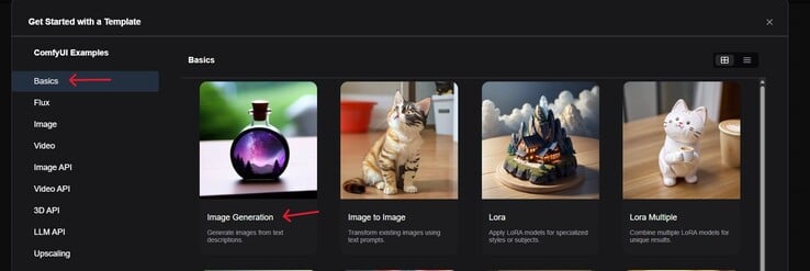 Снимок экрана хаба Workflow в ComfyUI с выделенными Основами и Генерацией изображений. (Источник изображения: Windows Screen Capture)