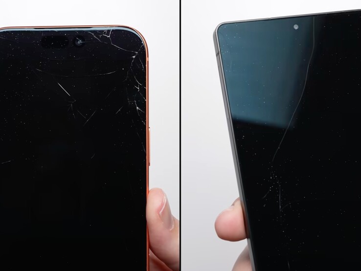 Передняя панель iPhone 17 Pro Max (слева) и Galaxy S25 Ultra (справа) после испытания на падение с высоты 1 метра. (Источник изображения: PhoneBuff на YouTube, скриншот)
