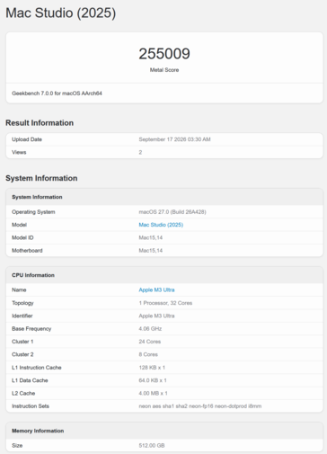 Результат теста Apple M3 Ultra в Geekbench по графическому процессору