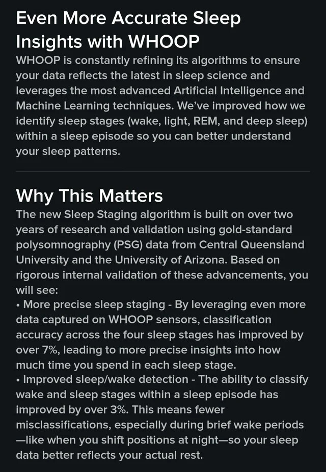 Whoop предоставляет дополнительную информацию об обновлении алгоритма Sleep Staging Algorithm в своем приложении. (Источник изображения: U/magony через Reddi
