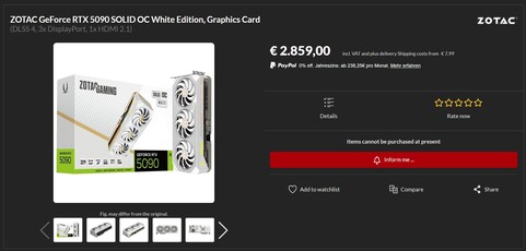 Zotac GeForce RTX 5090 Solid OC White Edition new (Источник изображения: Alternate)
