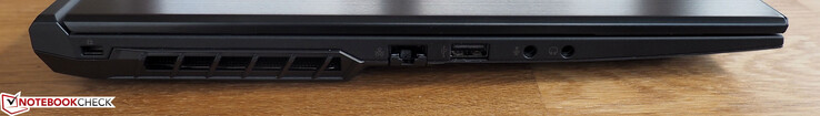 Левая сторона: слот для замка Kensington, вентиляция, Ethernet, USB 2.0 Type-A, микрофонный вход, выход на наушники