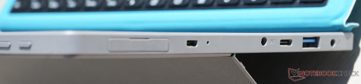 Слева направо: MicroSD (за крышкой), мини-HDMI, питание, USB-C (3.0), USB-A (3.0), аудпопорт