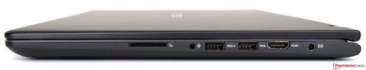 Правая сторона: кардридер, 3.5 мм комбинированный аудио разъем, 2 порта USB 3, HDMI 1.4, разъем зарядки