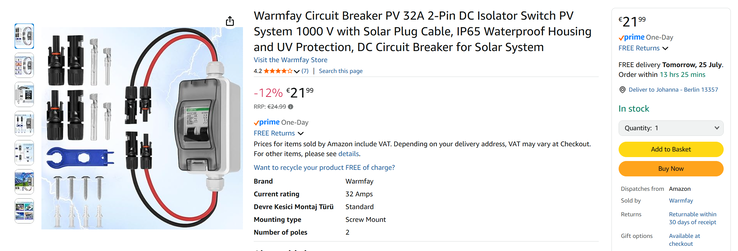 Блок предохранителей PV необходим, но не входит в комплект и приобретается отдельно. (Источник изображения: Скриншот Amazon)