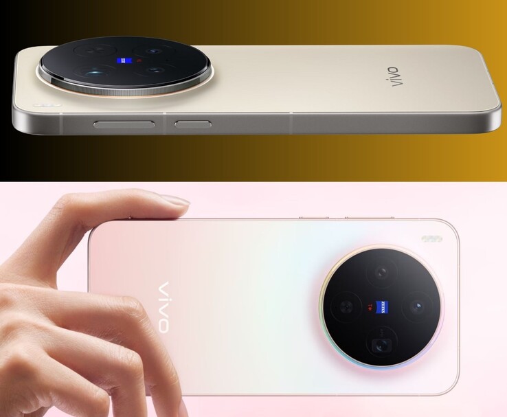 Vivo X300 Pro (вверху) и X300 (внизу) демонстрируют золотую и розовую отделку с круглыми модулями камер Zeiss (Источник изображения: Vivo)