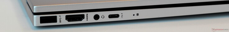 Слева: USB A 3.2 Gen 1 (Power Delivery), HDMI 2.0, аудиопорт, USB C 3.2 Gen 2 (DisplayPort 1.4, Power Delivery 3.0), индикатор доступа к SSD