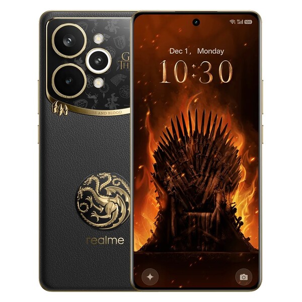 Модель Realme 15 Pro Game of Thrones Limited Edition имеет черную кожаную заднюю панель и золотые акценты. (Источник изображения: Realme)