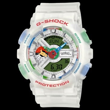 Вид спереди на часы Casio G-Shock Pokémon 30th Anniversary GA-110PKM-7A на чёрном фоне.
