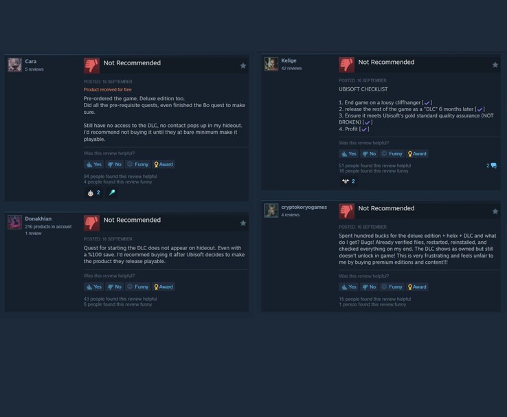 В отзывах пользователей Steam критикуются проблемы с DLC от Ubisoft, многие игроки отмечают контент как не рекомендуемый (Источник изображения: Steam)