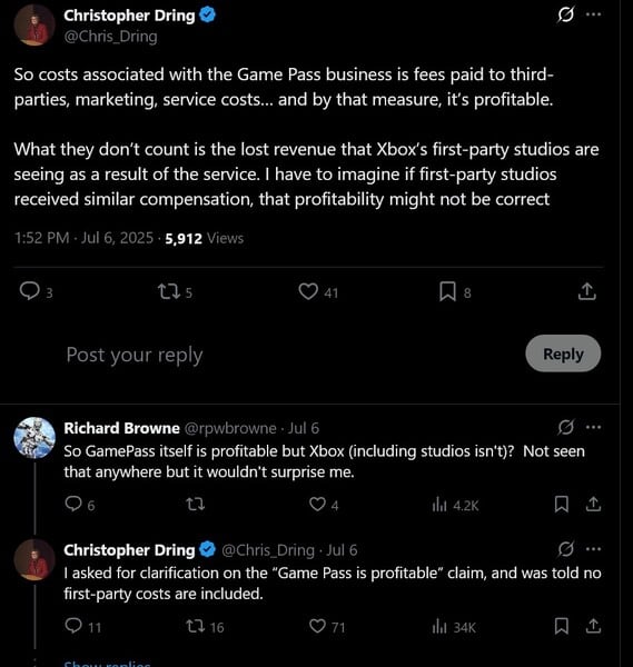 Сообщение Кристофера Дринга X о прибыльности Xbox Game Pass (Источник изображения: скриншот, аккаунт Кристофера Дринга X)