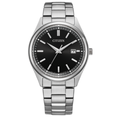 Наручные часы Citizen BM1350-54E Eco-Drive с чёрным циферблатом с солнечным узором, корпусом и браслетом из нержавеющей стали, часовыми метками в виде палочек и указателем даты в положении «3 часа».
