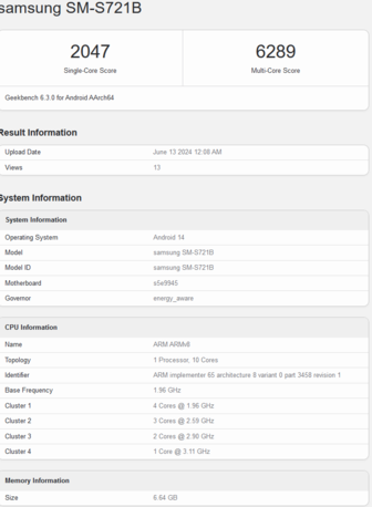 Samsung Galaxy S24 FE Оценка Geekbench (изображение с сайта Geekbench)
