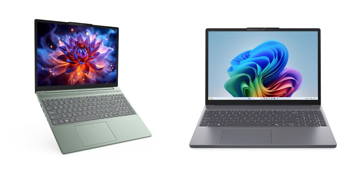 Модель IdeaPad Slm 3 15IWC11 в цветовых вариантах «Moss Green» и «Luna Grey».