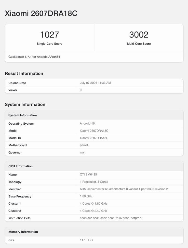 Информация о готовящемся к выпуску смартфоне Xiaomi в базе данных Geekbench.