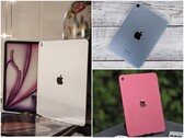Коллаж из трех изображений: серебристый iPad в коробке, синий iPad mini на деревянной поверхности и розовый iPad на открытом воздухе. (Источник изображения: Notebookcheck)