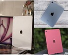 Коллаж из трех изображений: серебристый iPad в коробке, синий iPad mini на деревянной поверхности и розовый iPad на открытом воздухе. (Источник изображения: Notebookcheck)