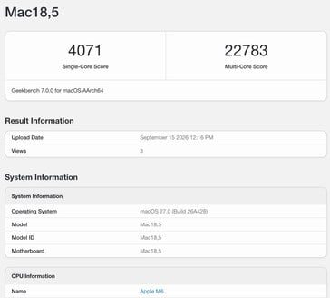 Результаты теста Apple M6 в Geekbench 7.