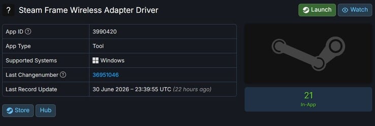 Драйвер беспроводного адаптера Steam Frame, указанный в базе данных SteamDB.