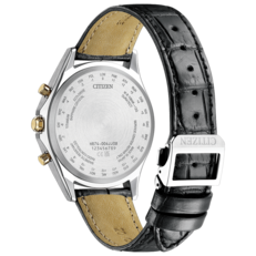 Задняя крышка корпуса часов Citizen Exceed Mid-Autumn Moon BY1025-17E с шкалой UTC и кодами городов, а также черный ремешок из крокодиловой кожи.