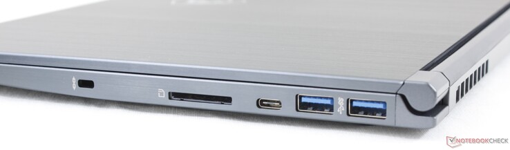 Справа: Щель для замка Kensington, щель для карт SD, USB C 3.2 Gen 1, 2x USB A 3.2 Gen 1