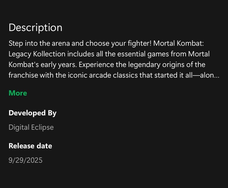 Утечка листинга приложения Xbox для Mortal Kombat: Legacy Kollection указывает на релиз 29 сентября 2025 года (Источник изображения: u/ByrdofMemes via Imgur, первоначально публикация была сделана на Reddit)