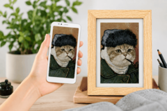 Цифровая фоторамка Bigme, на экране которой отображается портрет домашнего питомца, созданный с помощью искусственного интеллекта