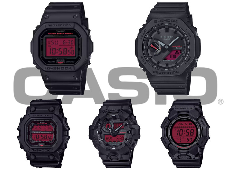 По часовой стрелке сверху вниз: Casio DW-5600BBR-1, GA-B2100BBR-1A, GD-010BBR-1JF, GA-700BBR-1AJF и GX-56BBR-1A - вся линейка G-Shock "Black and Bold Red" в одном снимке. (Источник изображения: Casio)