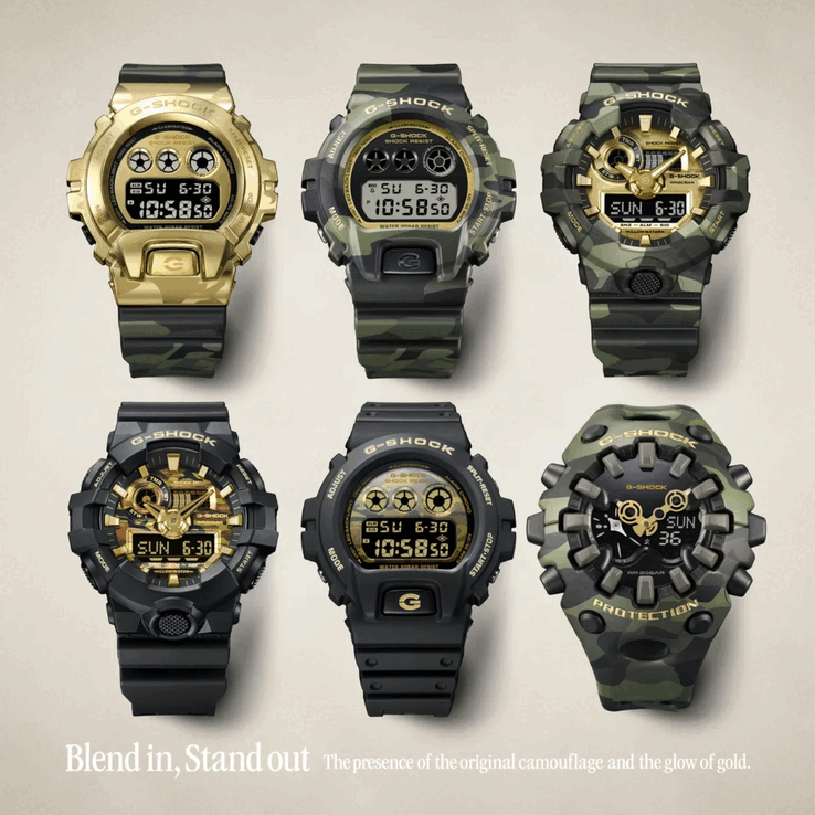 G-Shock GM-6900CMG-3, DW-6900CMG-3, GA-700CMG-3AJF, GA-700CF-1A, DW-6900CF-1 и GA-V01CMG-3A (названия начинаются сверху слева и идут направо)
