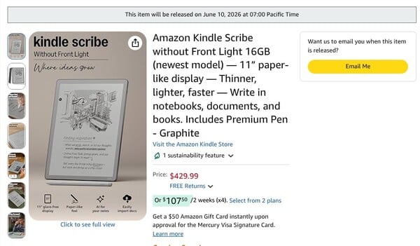 Kindle Scribe без фронтальной подсветки имеет одинаковую дату выхода в разных регионах.