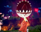 Скриншот Palworld показывает, как персонажи сражаются с плавающим глазным яблоком с острыми зубами