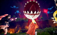 Скриншот Palworld показывает, как персонажи сражаются с плавающим глазным яблоком с острыми зубами