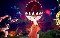 Скриншот Palworld показывает, как персонажи сражаются с плавающим глазным яблоком с острыми зубами