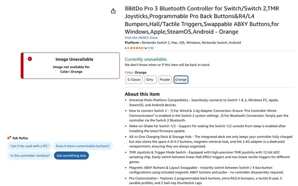Контроллер 8BitDo Pro 3 Bluetooth будет доступен в оранжевом цвете, согласно этому листингу Amazon. (Источник изображения: Amazon)