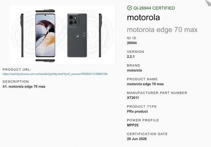 Motorola Edge 70 Max поддерживает магнитные зарядные устройства стандарта Qi2.