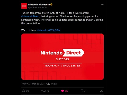Анонс Nintendo Direct 27 марта X (Источник изображения: скриншот, аккаунт Nintendo of America X)