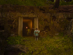 На картинке - скриншот из трейлера Swordhaven: Iron Conspiracy, на котором изображен главный герой, держащий меч перед входом в шахту. (Источник изображения: Steam)