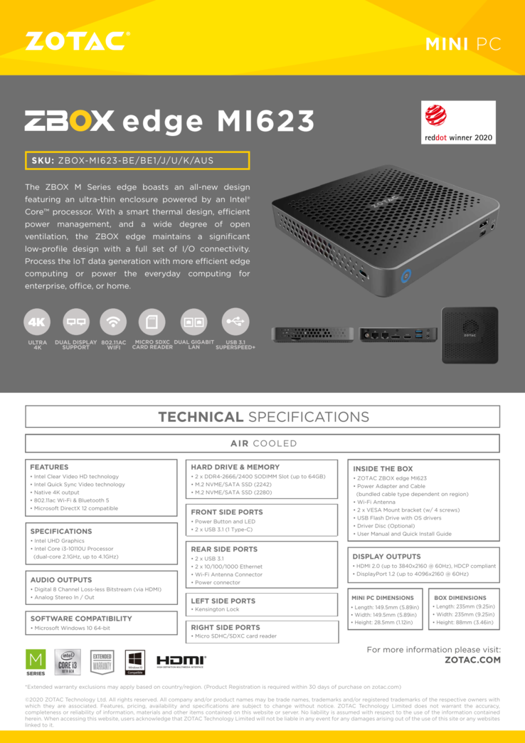 Характеристики ZBox MI623 и MI643 (Изображение: Zotac)