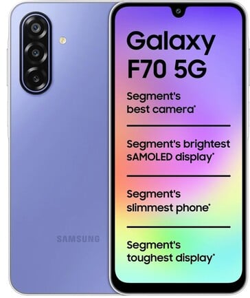 Samsung Galaxy F70 5G в фиолетовом цвете, вид спереди и сзади