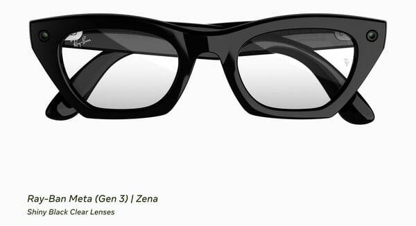 Модель Ray-Ban Meta (Gen 3) Zena с блестящей чёрной оправой и прозрачными линзами.