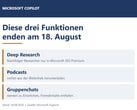 Иллюстрация с перечнем трёх функций Copilot: «Deep Research», «Подкасты» и «Групповые чаты», срок действия которых истекает 18 августа 2026 года