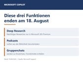 Иллюстрация с перечнем трёх функций Copilot: «Deep Research», «Подкасты» и «Групповые чаты», срок действия которых истекает 18 августа 2026 года