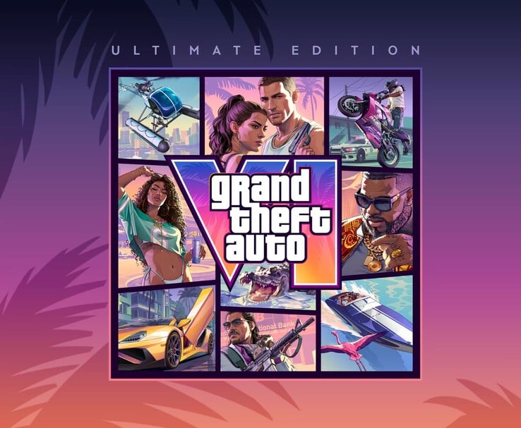 Иллюстрация Grand Theft Auto VI Ultimate Edition с персонажами GTA 6, транспортными средствами и логотипом игры.