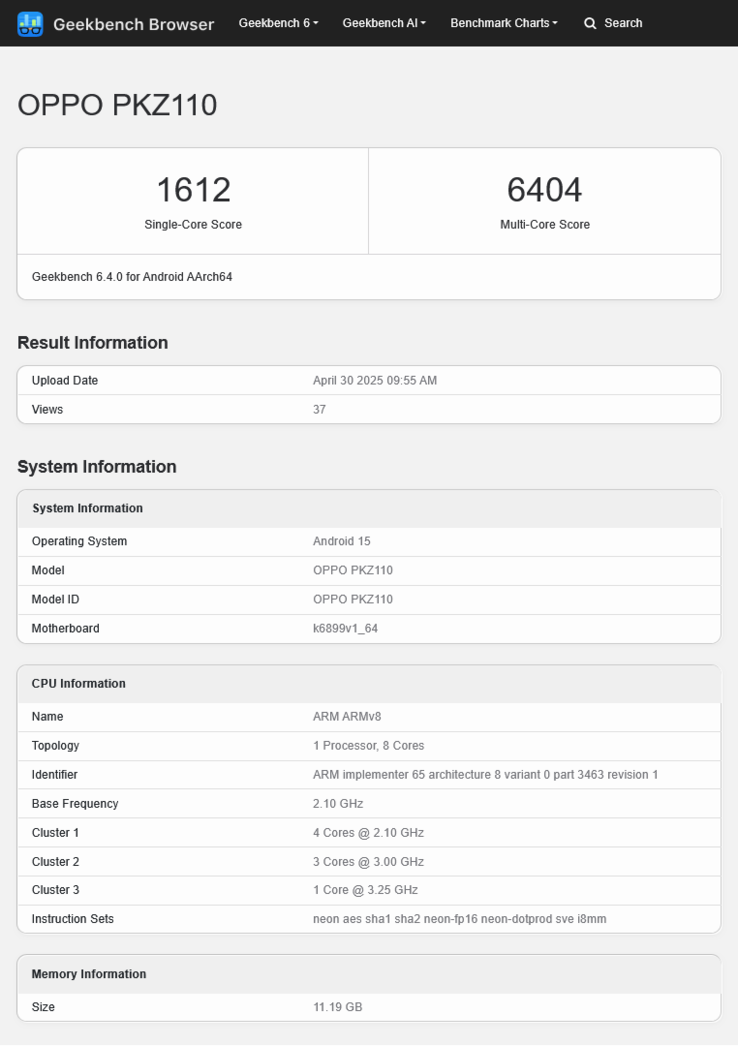 Oppo Reno14" появился в новом бенчмарке. (Источник: Geekbench)