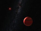 Художественная иллюстрация, изображающая экзопланету и красное карликовое звездо.