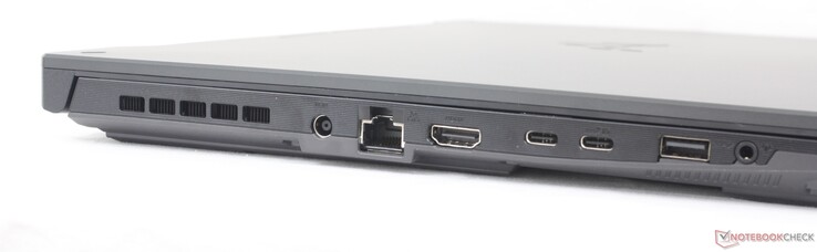 Левая сторона: адаптер питания, гигабитный Ethernet, HDMI 2.1, 1x USB-C 3.2 Gen. 2 (DisplayPort + Power Delivery + G-Sync), USB 4, 1x USB-A 3.2 Gen. 1, аудио разъем